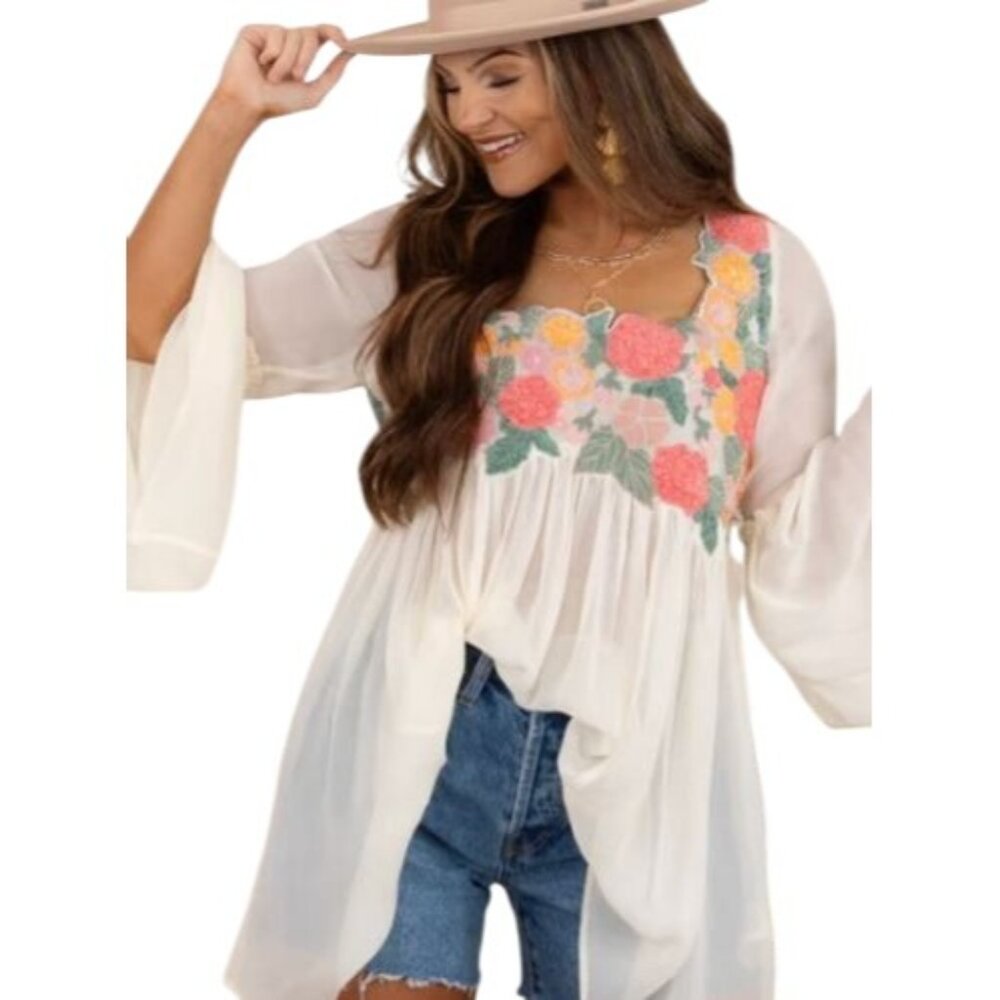 Free People Cream Tunic with Pink & Yellow Floral Embroidery